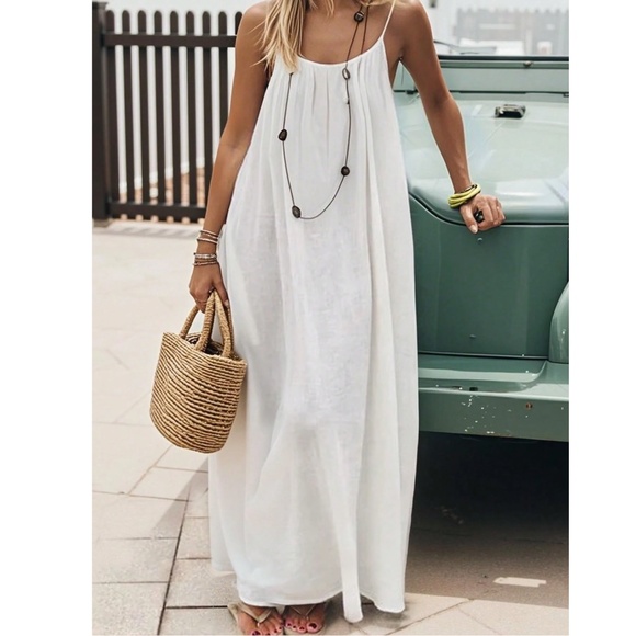 Loose Fitting White Backless Drawstring Cami Long Maxi Dress - Picture 2 of 10